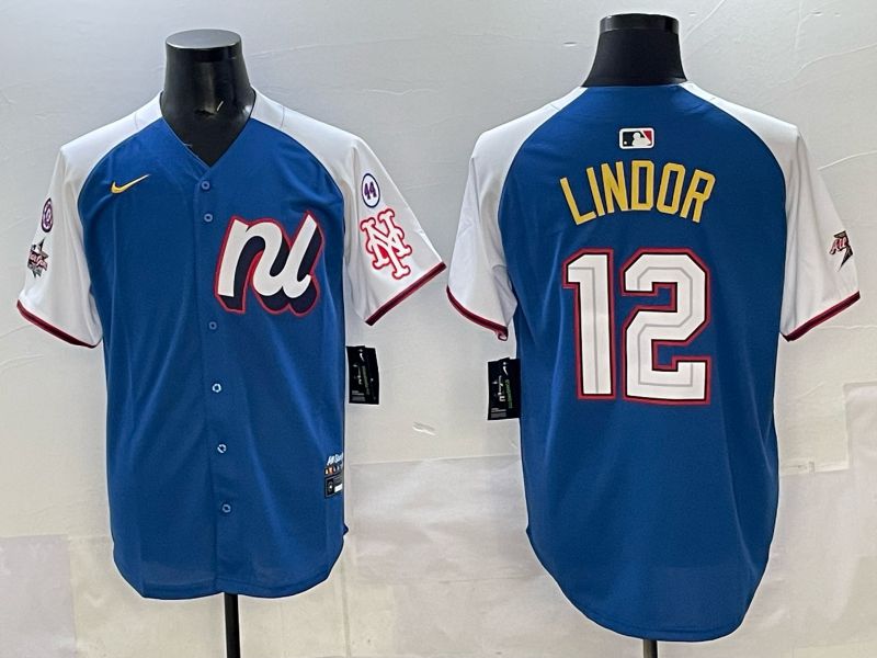 Men New York Mets 12 Lindor Blue white All star 2025 Nike MLB Jersey style 05